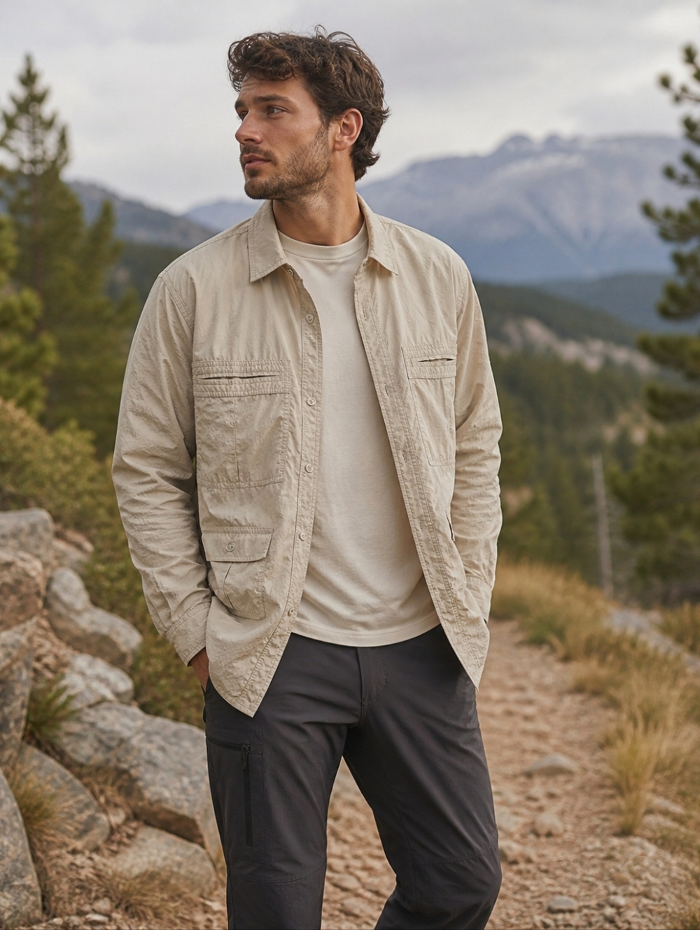 Banana Republic BR Sport Shirt Jacket LT Nylon Khaki Utility‎ Hiking Overshirt